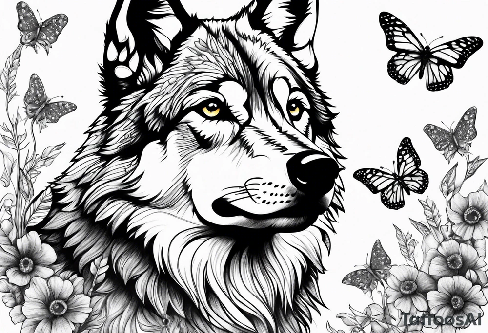 Wolf puppy and butterflies tattoo idea