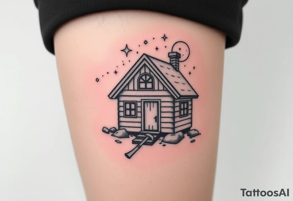 Tiny nordic house with cosmic sky and celestial details. With a pickaxe out the front of the house tattoo idea