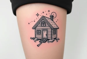 Tiny nordic house with cosmic sky and celestial details. With a pickaxe out the front of the house tattoo idea