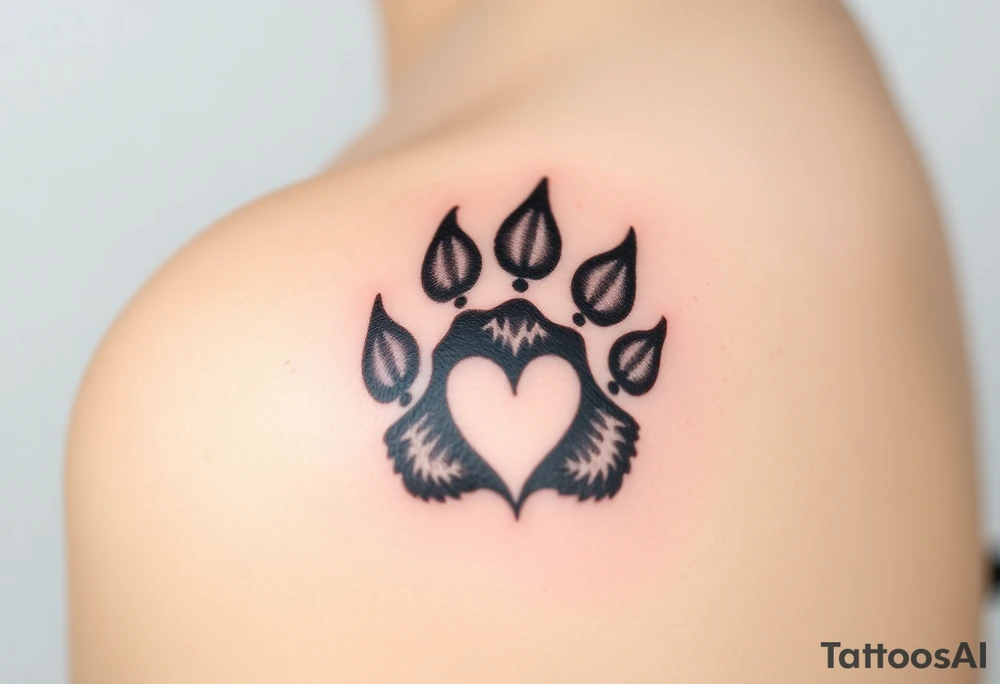 A black-and-gray shaded paw with sharp fur details and intense shading for a bold, mystical look with heart tattoo idea