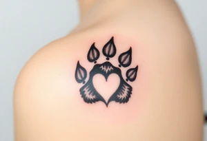 A black-and-gray shaded paw with sharp fur details and intense shading for a bold, mystical look with heart tattoo idea