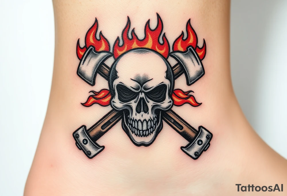 A flaming skull with firefighter axes crossed behind it, with deep reds, oranges, and glowing embers for a bold, intimidating design tattoo idea