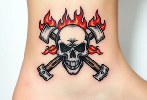 A flaming skull with firefighter axes crossed behind it, with deep reds, oranges, and glowing embers for a bold, intimidating design tattoo idea