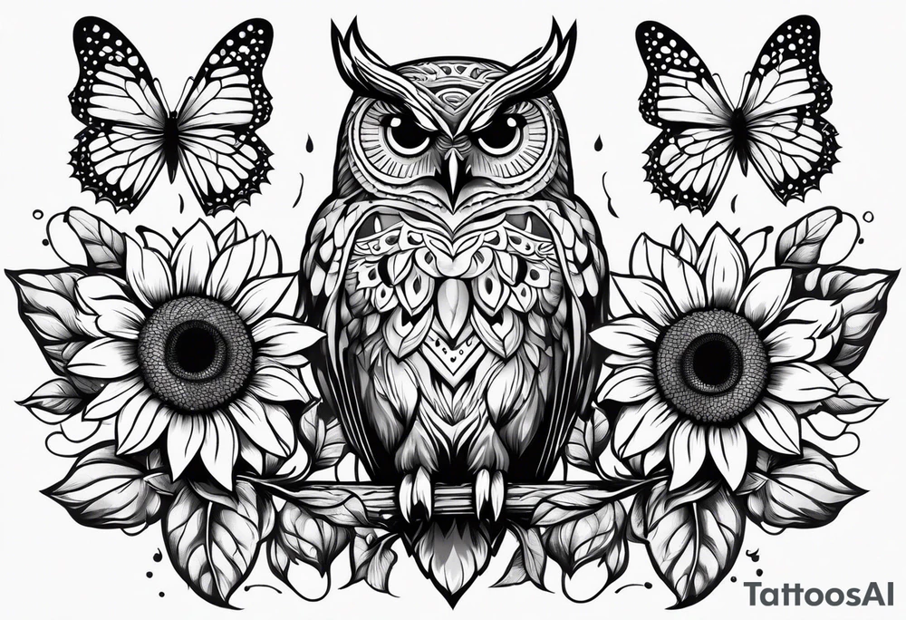 Owl with butterfly and sunflower tattoo idea