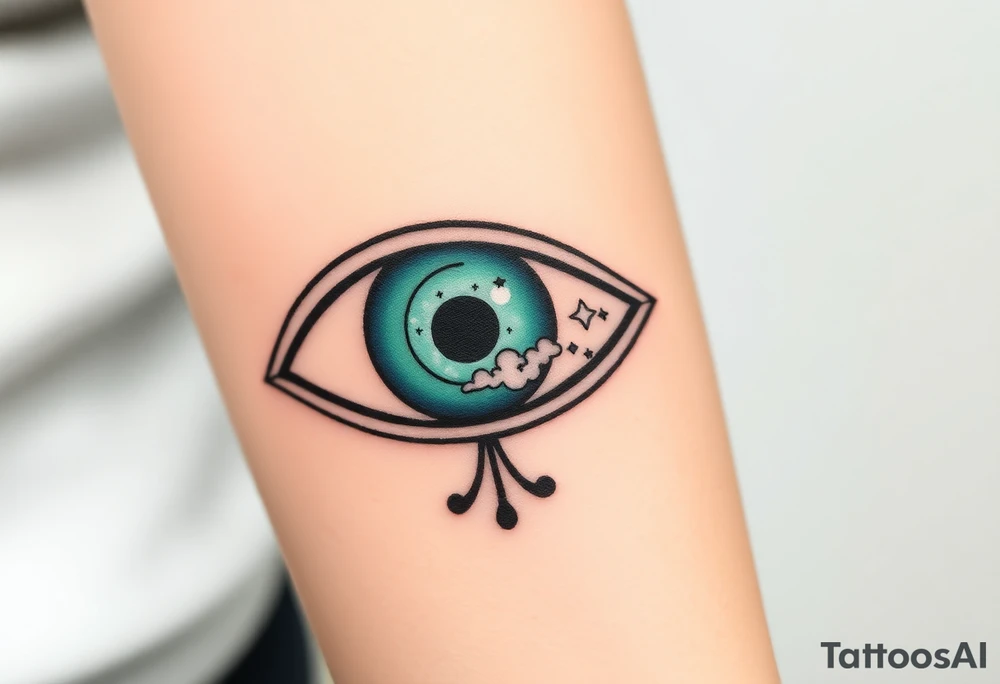 Large outline of an almond shaped eye with an ace of spades for the eyeball center colored greenish blue with a crescent moon stars and clouds inside vivid colors blue green purple tattoo idea
