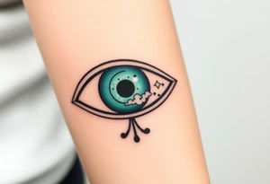 Large outline of an almond shaped eye with an ace of spades for the eyeball center colored greenish blue with a crescent moon stars and clouds inside vivid colors blue green purple tattoo idea