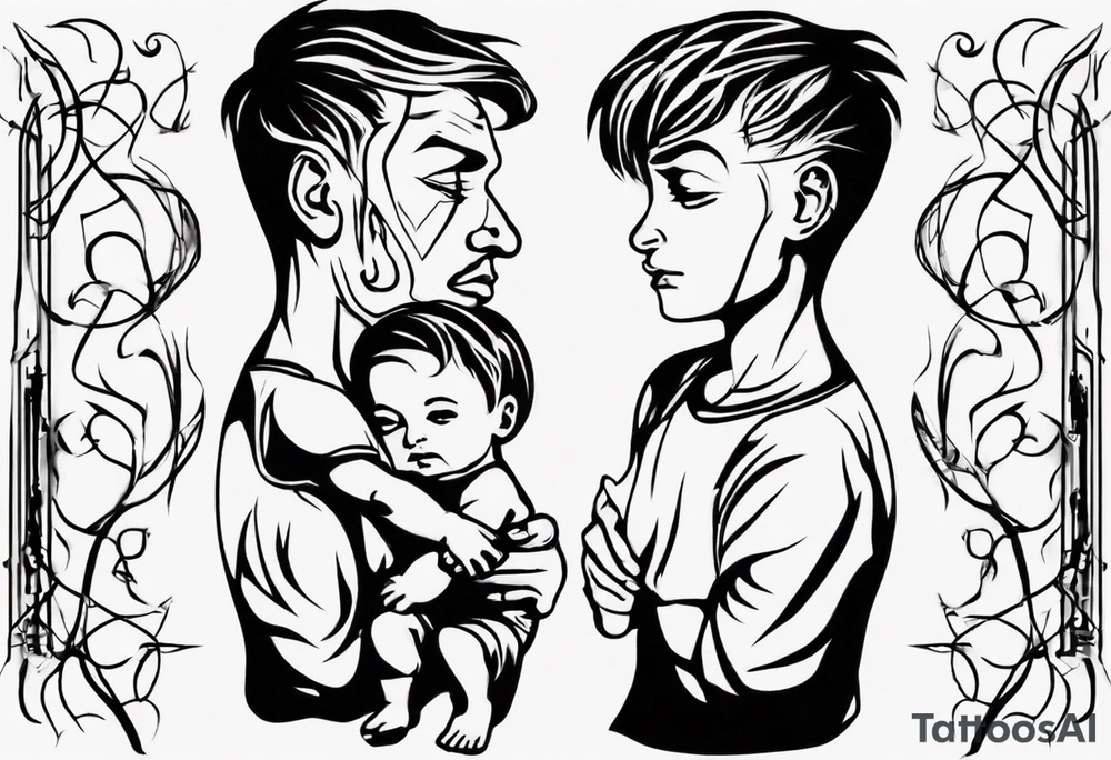 Silhouette of a father with two children, only outer lines tattoo idea