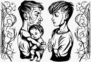 Silhouette of a father with two children, only outer lines tattoo idea