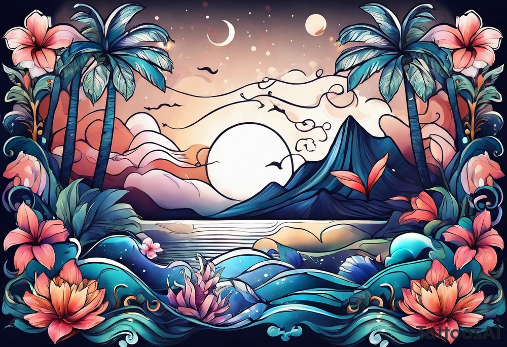 sea,, night, flower, palm, animal tattoo idea