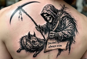 Grim reaper looking down on a hunting dog and big feral boar while holding a scythe and scroll. The scroll has the words “You dont always win” written on it tattoo idea