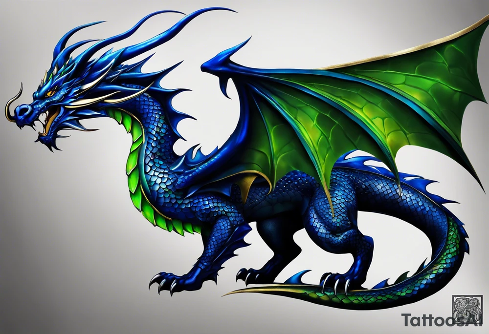 An epic dragon, its body coiling dynamically, with scales and horns detailed to create a sense of movement and strength. The dragon's main color is dark blue but features accents in green, blue, and gold, giving a vibrant depth and a mystical aura. This tattoo highlights the dragon’s fierce expression and sharp claws as it wraps protectively around the leg. It doesn't have wings. Style: Realism tattoo idea