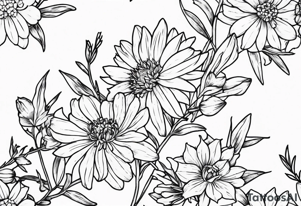 Aster and larkspur bouquet tattoo idea
