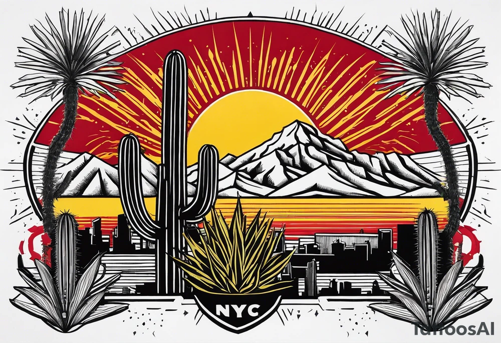 Crest with a hood on top,
13 rays of red and weld-yellow on the top half. NYC sky line
a cactus on the left side and a royal palm on the right side tattoo idea