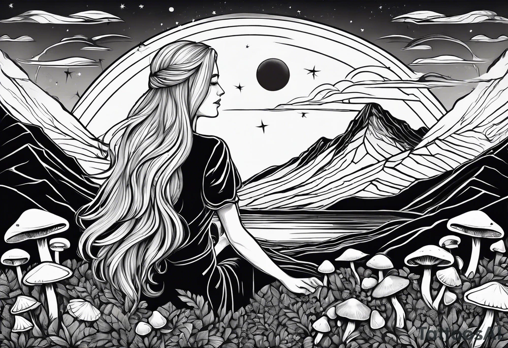 Blonde long straight hair older woman surrounded by mushrooms facing mountains crescent moon background tattoo idea