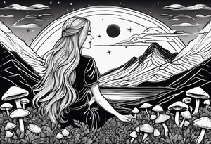 Blonde long straight hair older woman surrounded by mushrooms facing mountains crescent moon background tattoo idea