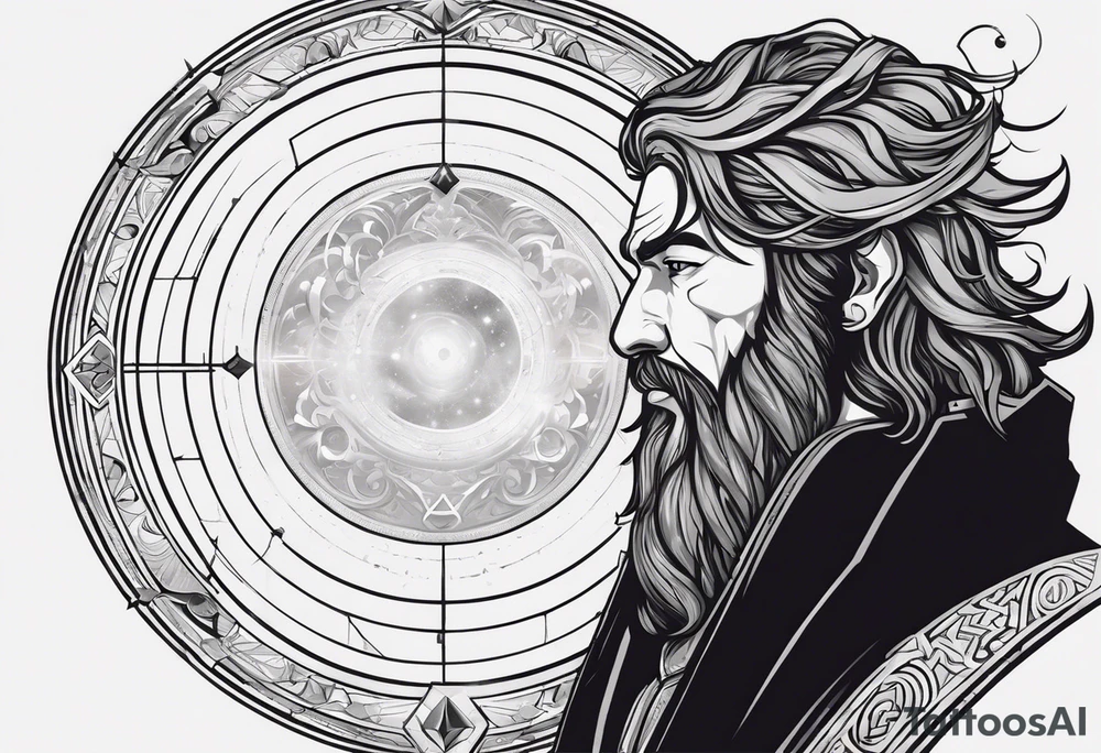 Jehovah looking out at the marvels of his creation from the atoms to the galaxy and celestial beings. With grey wash and a fantasy theme. Jehovah has to be a character who is so majestic, charismatic, immensely powerful. There isnt a single thing he isnt capable of doing. Infinitely powerful forward facing tattoo idea