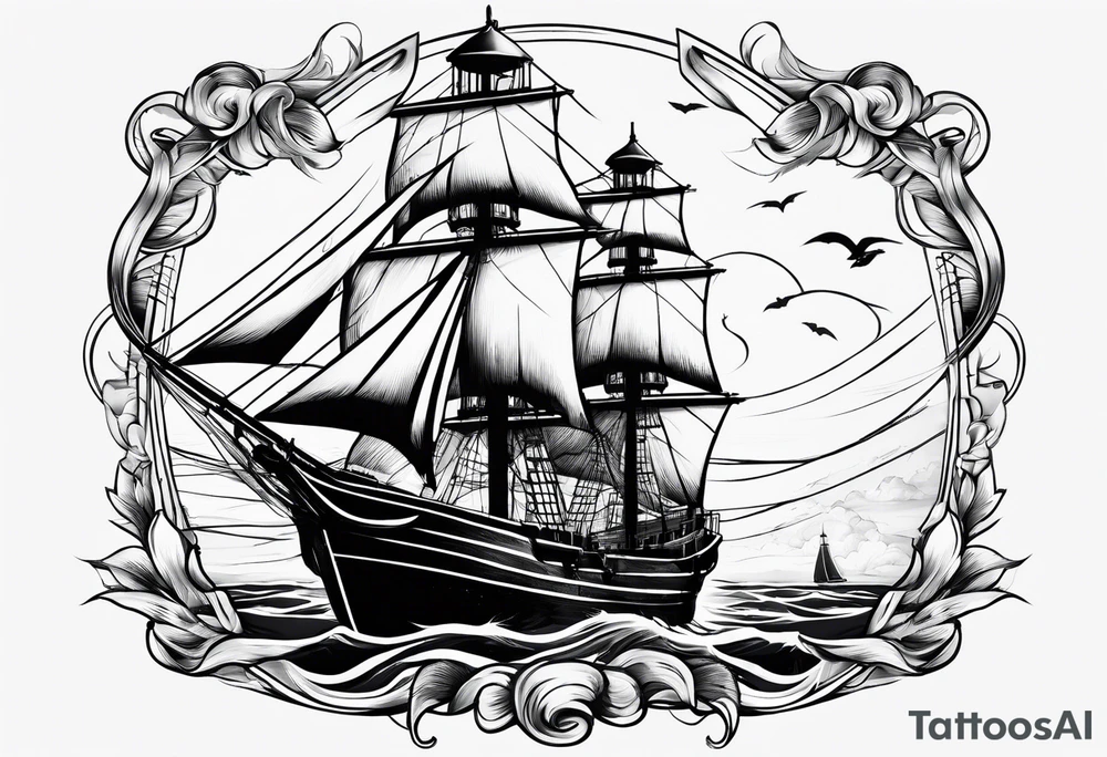 ghost marine lighthouse behind the bow of a sailboat. tattoo idea