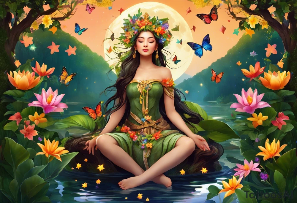 Beautiful woman made of tree, branches, and leaves surrounded by flowers. She is wearing a crown made of butterflies and has a pond and lilies near her feet with colorful vegetation. She is holding her arms upright and has her hands cupped above her head. Above her hands she has the moon, stars, and sun. The moon, stars, and sun have a flower accent. tattoo idea