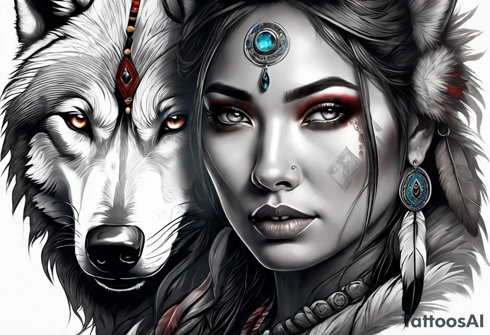 dark photo realistic woman, full body, native american, wolf, bear, ghostly, blood tattoo idea