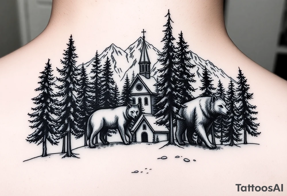 Nature/Landscape

Wolves in a pine forest (extending the tree line you already have)
A Russian bear emerging from the treeline
Snow-capped mountains behind the church scene tattoo idea