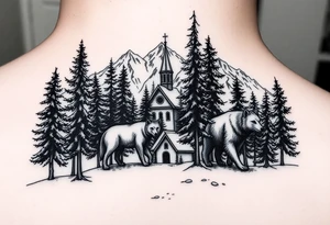 Nature/Landscape

Wolves in a pine forest (extending the tree line you already have)
A Russian bear emerging from the treeline
Snow-capped mountains behind the church scene tattoo idea