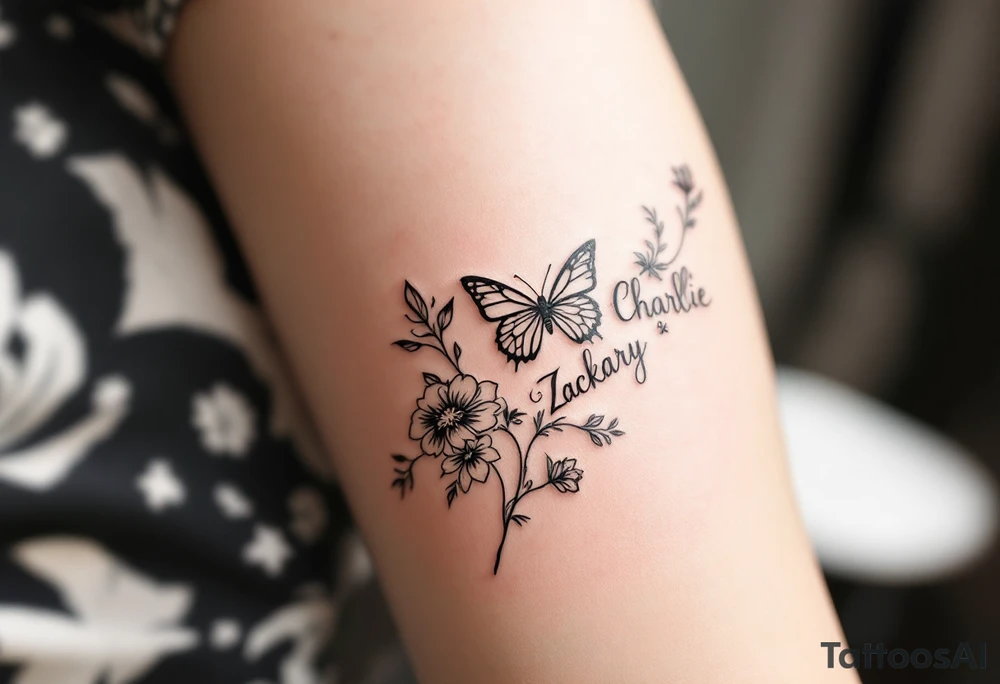flowers, butterfly with name Zackary and Charlie tattoo idea