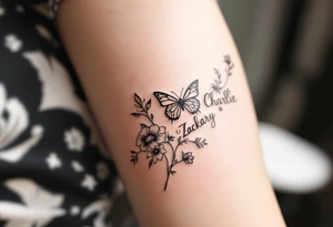 flowers, butterfly with name Zackary and Charlie tattoo idea