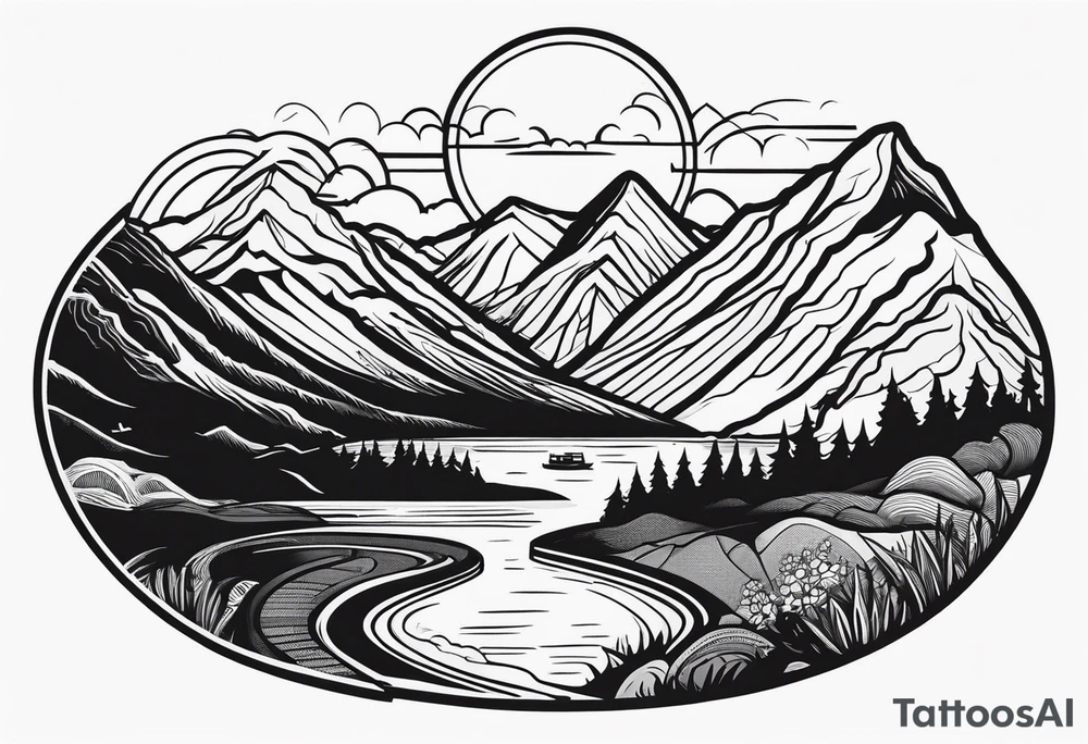 mountains, road, lake, yurt, sun, kyrgyzstan tattoo idea