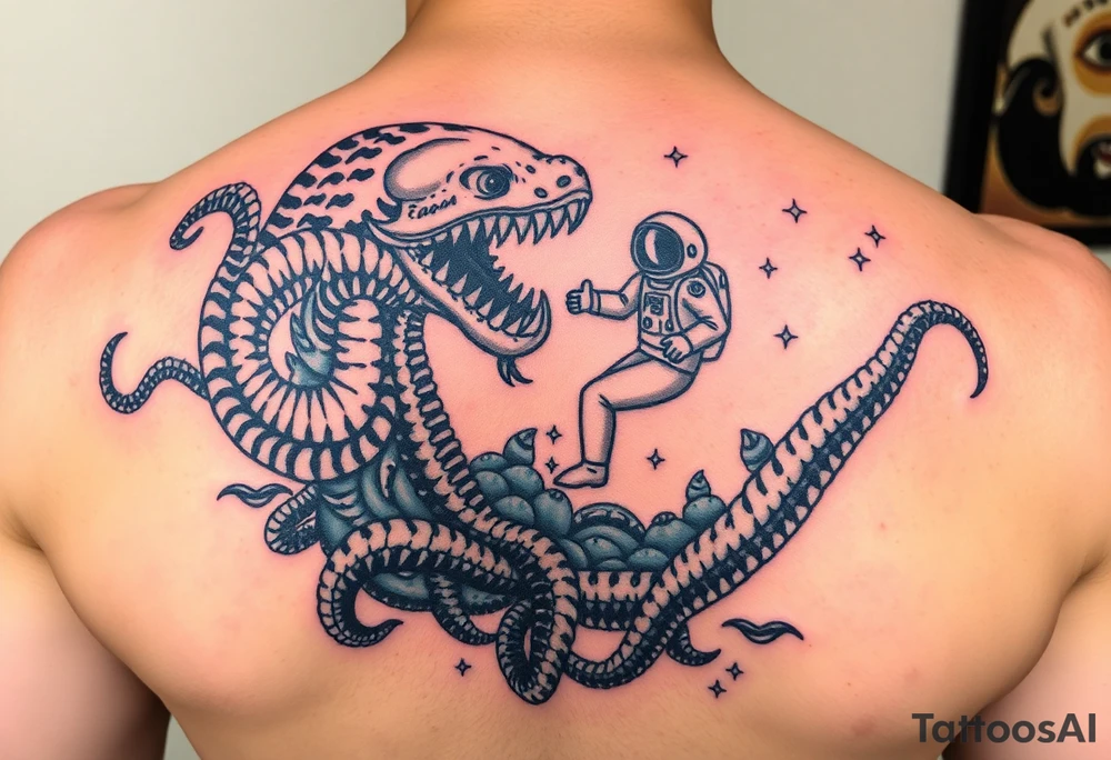 Deep sea kraken with an astronaut in a sea and space concept with colour tattoo idea