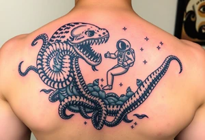 Deep sea kraken with an astronaut in a sea and space concept with colour tattoo idea