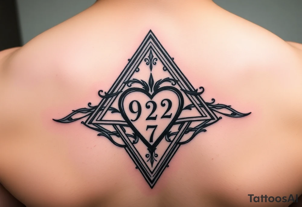 A triangle with a heart over the middle of the center with a 9, 2 and 7 tattoo idea