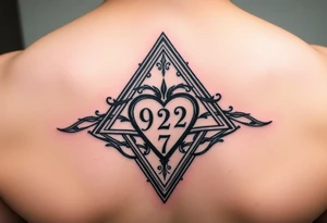 A triangle with a heart over the middle of the center with a 9, 2 and 7 tattoo idea