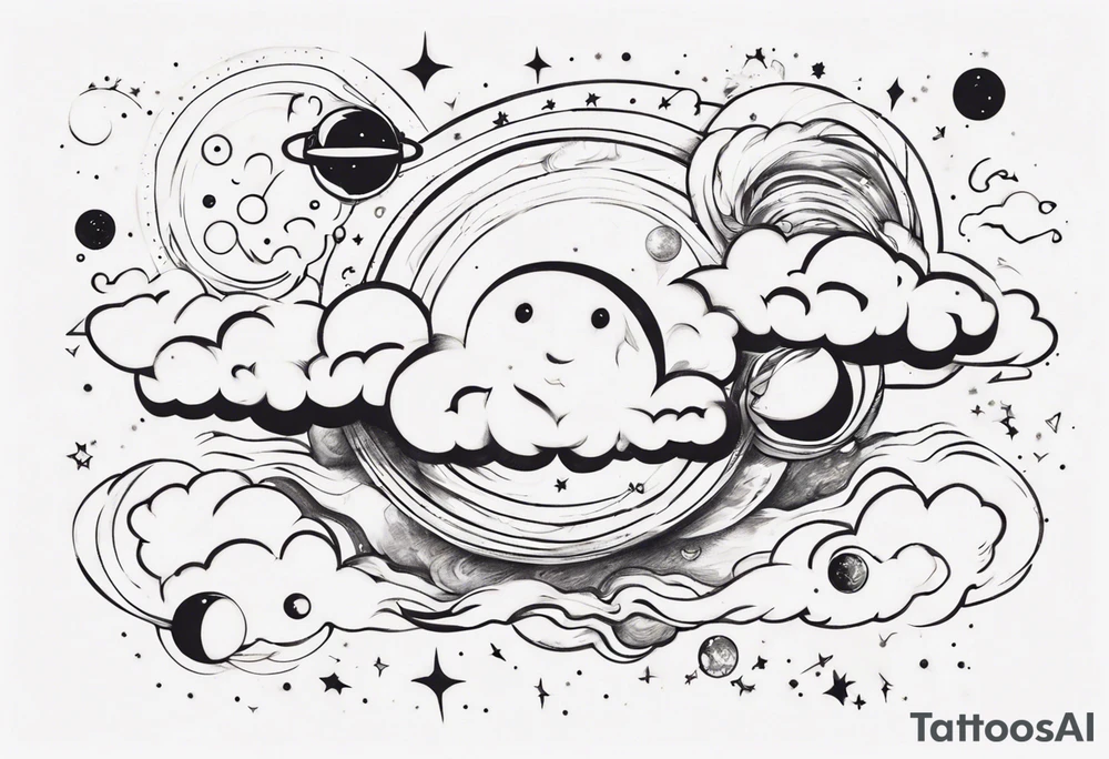 a cloud with planets and the date 12.08.05 tattoo idea