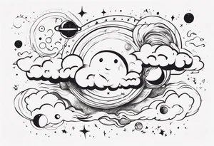 a cloud with planets and the date 12.08.05 tattoo idea