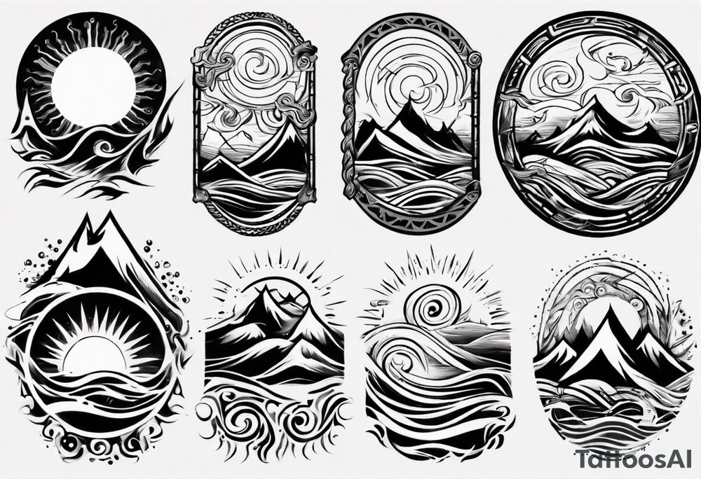 sleeve, mountains, waves, sun tattoo idea
