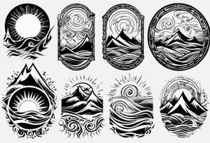 sleeve, mountains, waves, sun tattoo idea