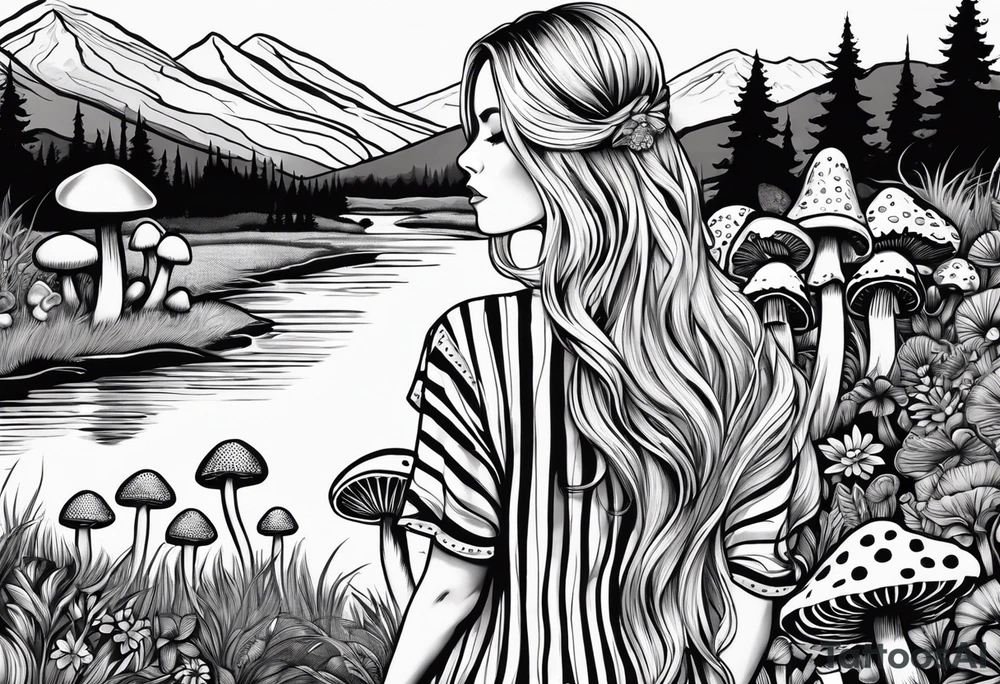 Straight long blonde hair hippie girl in distance holding mushrooms in hand facing away toward mountains and creek surrounded by mushrooms black and white striped dress tattoo idea