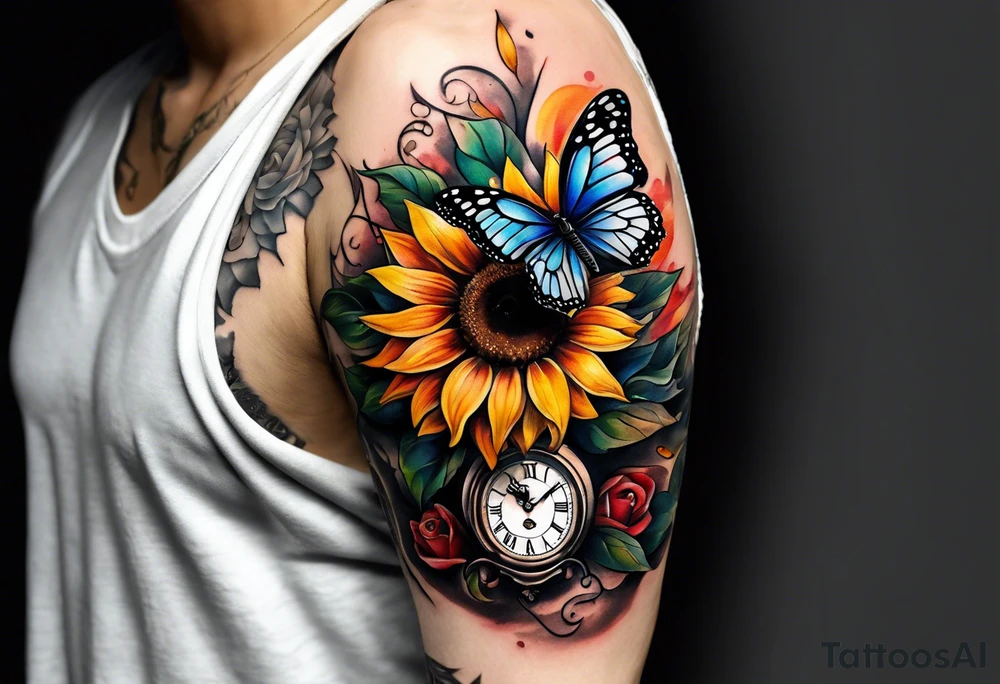 Sleeve with clock, sunflower and butterfly tattoo idea