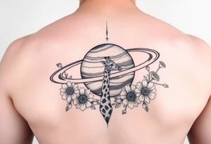 Saturn with a giraffe and marigold flowers tattoo idea