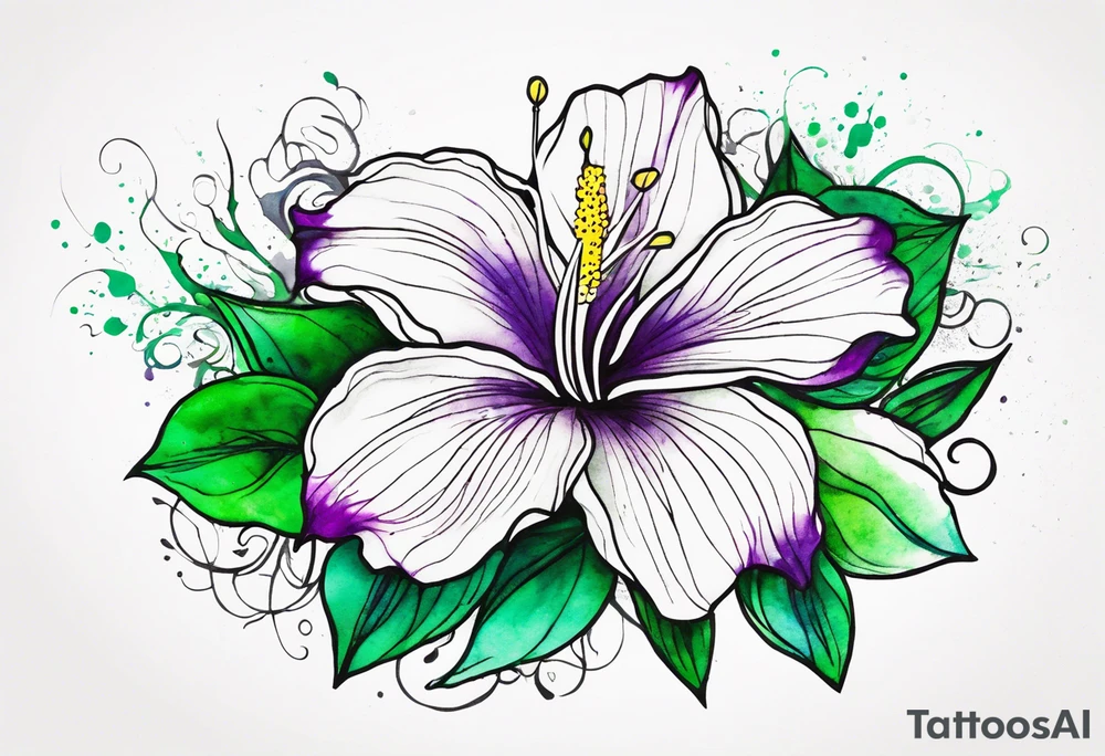 An outline of a rio dipladenia flower with a green/purple watercolor splash in the background tattoo idea