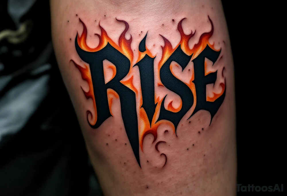 “Rise” in charcoal black capital letters, with burnt orange flames curling around the base above knee. tattoo idea