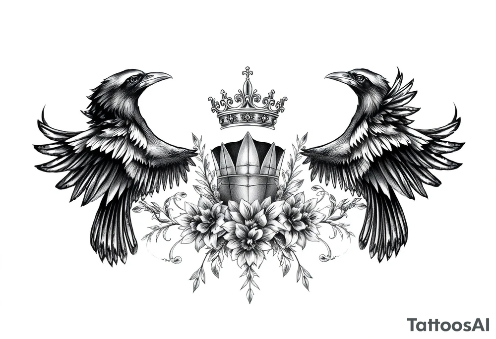Chest tattoo,powerful majestic ravens with a crown, surrounded by floral ornaments and birds tattoo idea