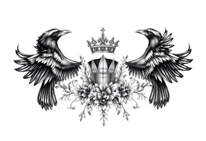 Chest tattoo,powerful majestic ravens with a crown, surrounded by floral ornaments and birds tattoo idea