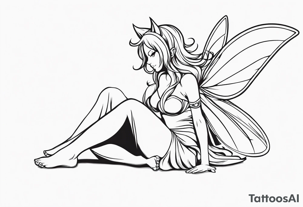 No color fairy with a tail inspired by the anime show called Fairy Tail in a fetal position leaning in and forward while crawled in tattoo idea