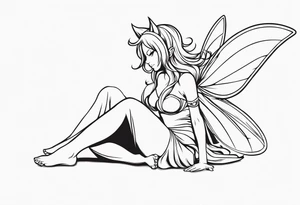 No color fairy with a tail inspired by the anime show called Fairy Tail in a fetal position leaning in and forward while crawled in tattoo idea
