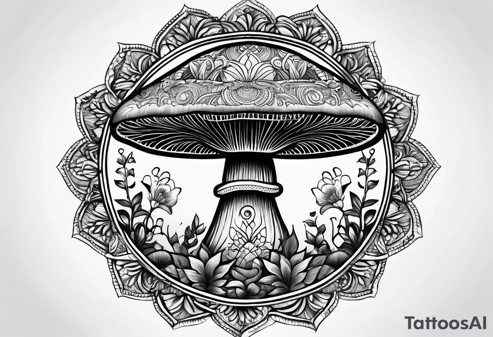 Black mushroom tattoo with henna style mandala crescent moon design surrounding it tattoo idea