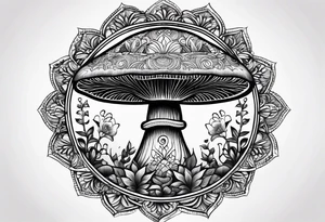 Black mushroom tattoo with henna style mandala crescent moon design surrounding it tattoo idea