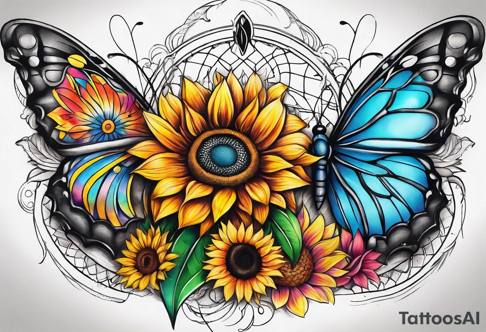 Leg sleeve with dreamcatcher, rainbow sunflowers and one butterfly tattoo idea