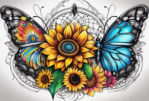 Leg sleeve with dreamcatcher, rainbow sunflowers and one butterfly tattoo idea