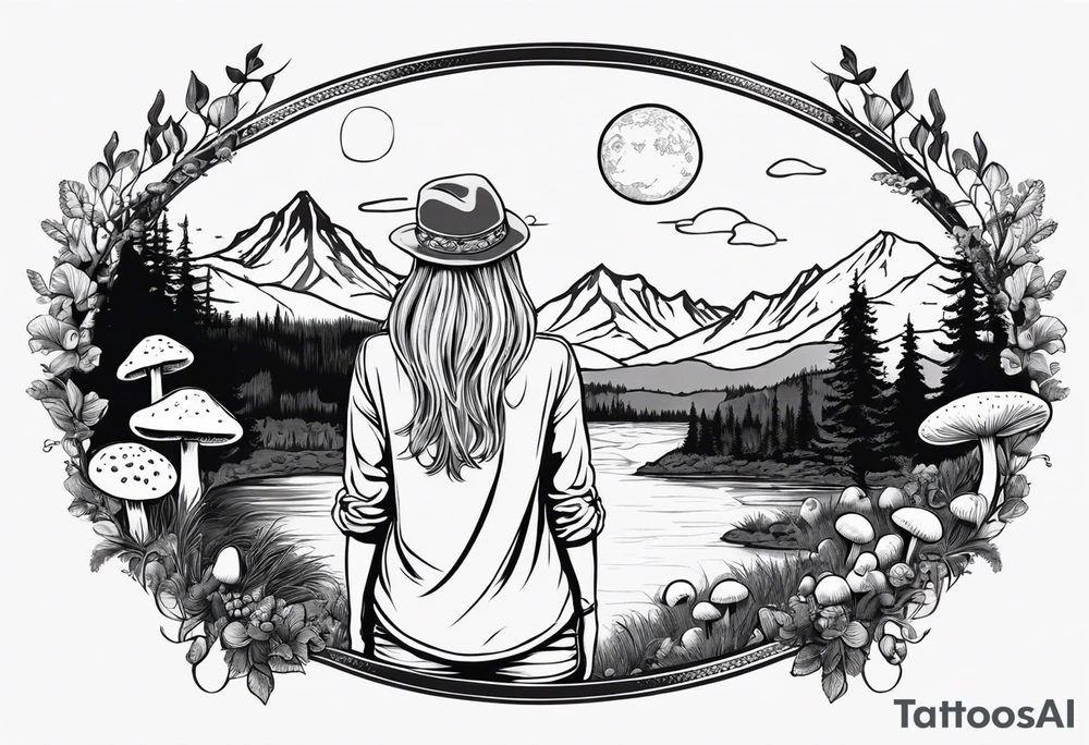 Whole picture encircled fully

Straight long blonde hair hippie girl in distance holding mushrooms in hand facing away toward mountains and creek surrounded by mushrooms long sleeve shirt and hiking pants; whole rendering within a full circle, no cut off circle tattoo idea